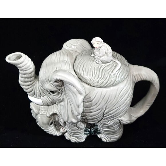 Elephant-Themed Ceramic Teapot With Monkey Lid In Glossy Gray Finish - Picture 3 of 10